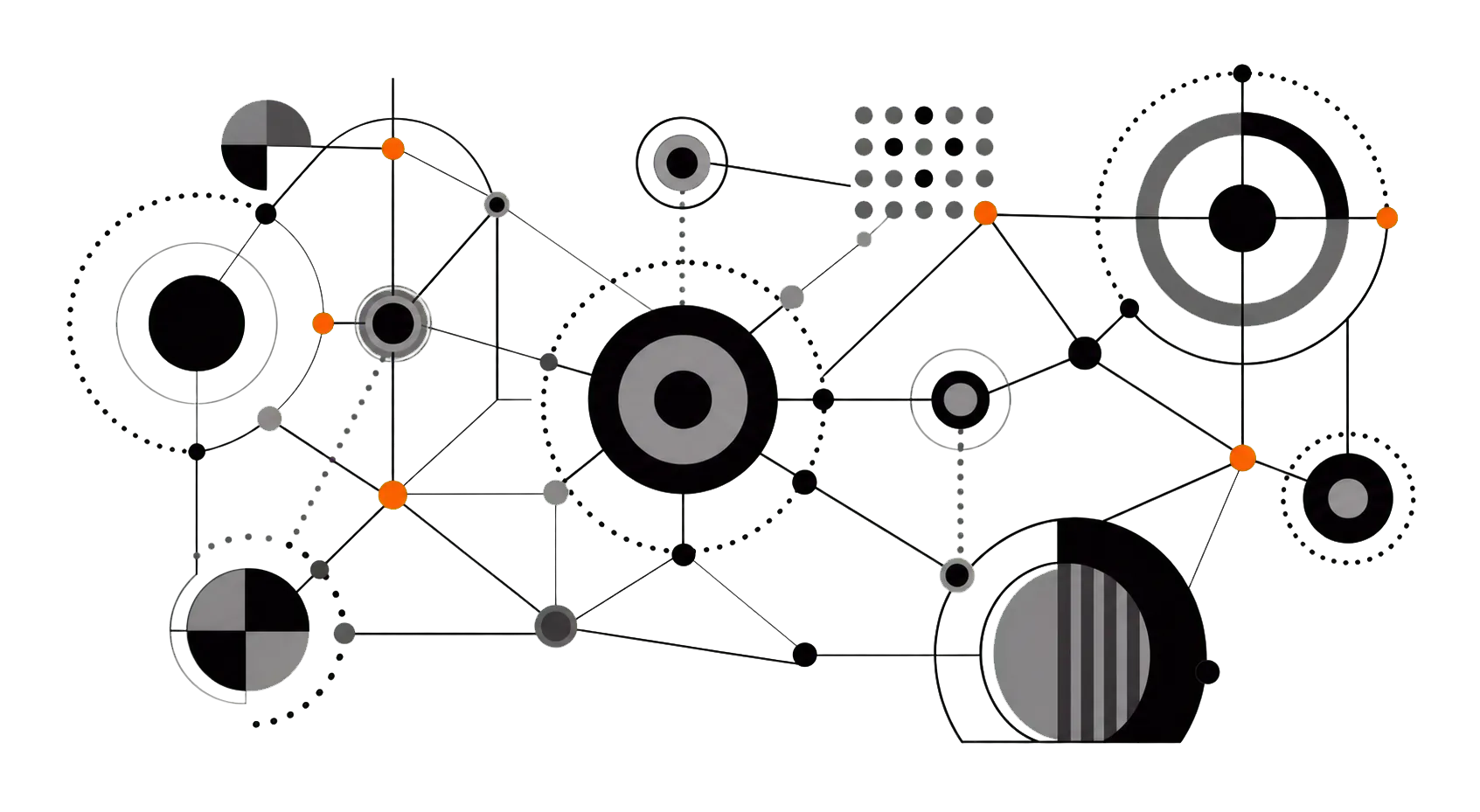 Abstract network of connected circles, lines, and orange nodes
